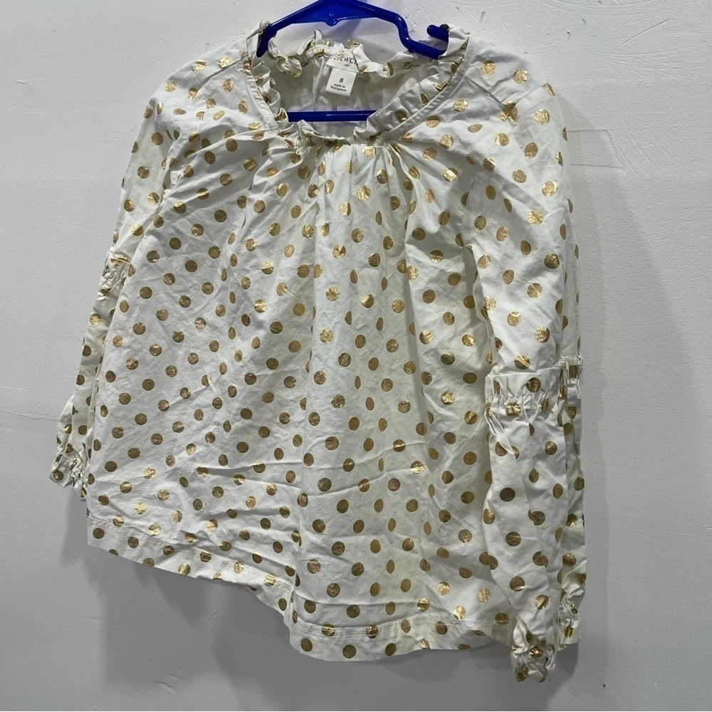 Crewcuts Dotted Polka Dot Gold White Ruffle Neck Long Sleeve Blouse Girls 8